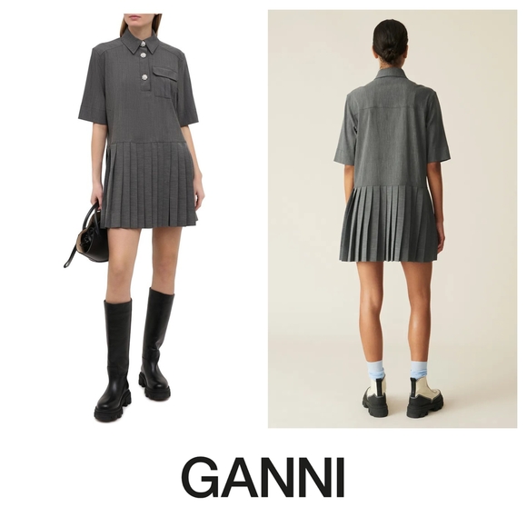 Ganni Dresses & Skirts - GANNI Grey Mélange Suiting Pleated Mini Shirt Dress Size 36